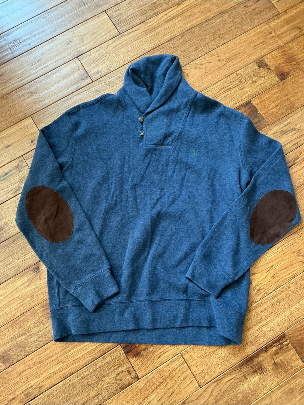 Polo Ralph Lauren Navy Blue Knit Shawl Collar Pullover, XL, Elbow Patch